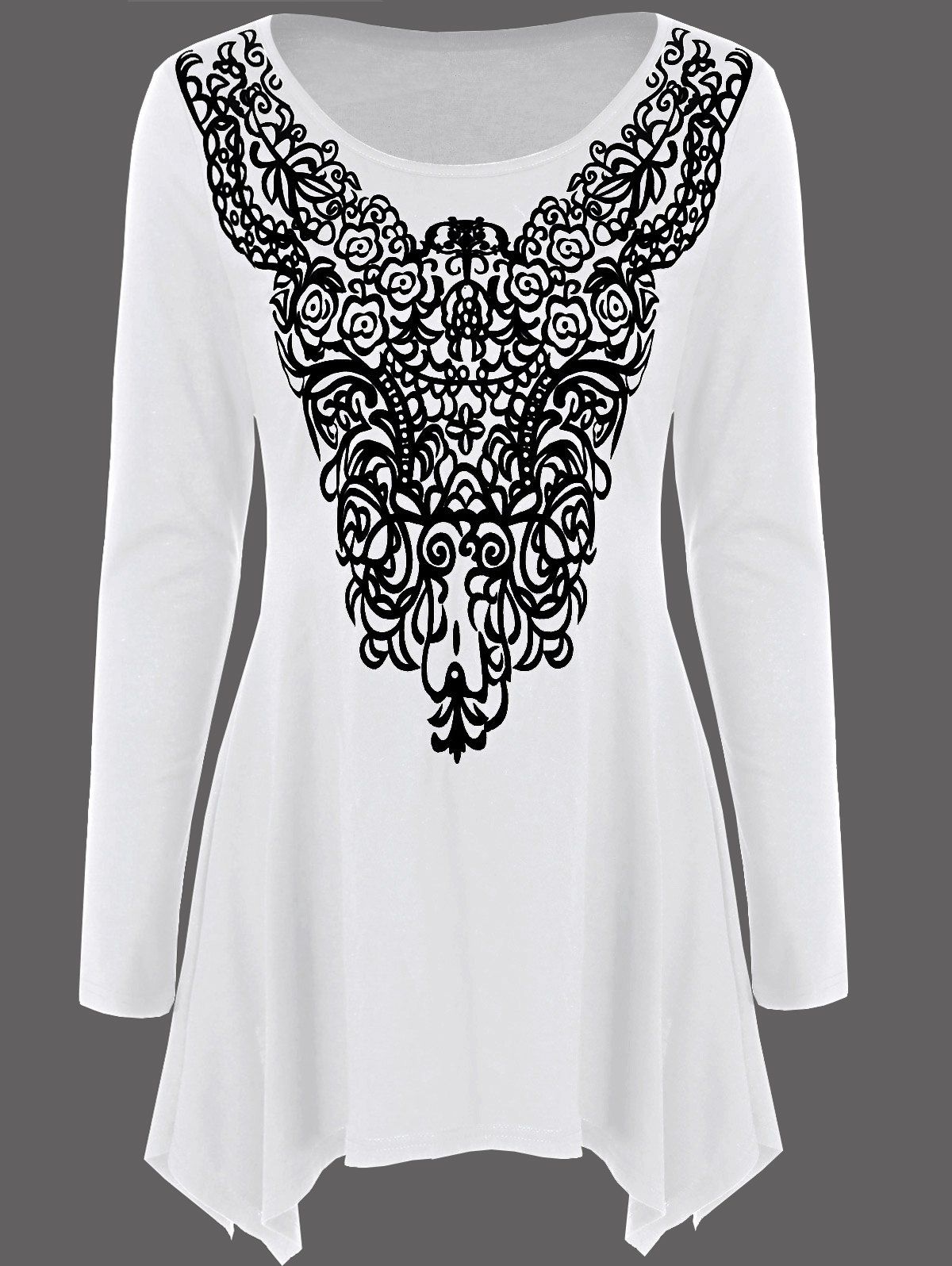 

Long Sleeve Abstract Print Asymmetrical Tee, White