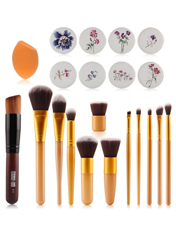12 Pièces Pinceaux de Maquillage + Houppettes + Beauty Blender - Jaune 