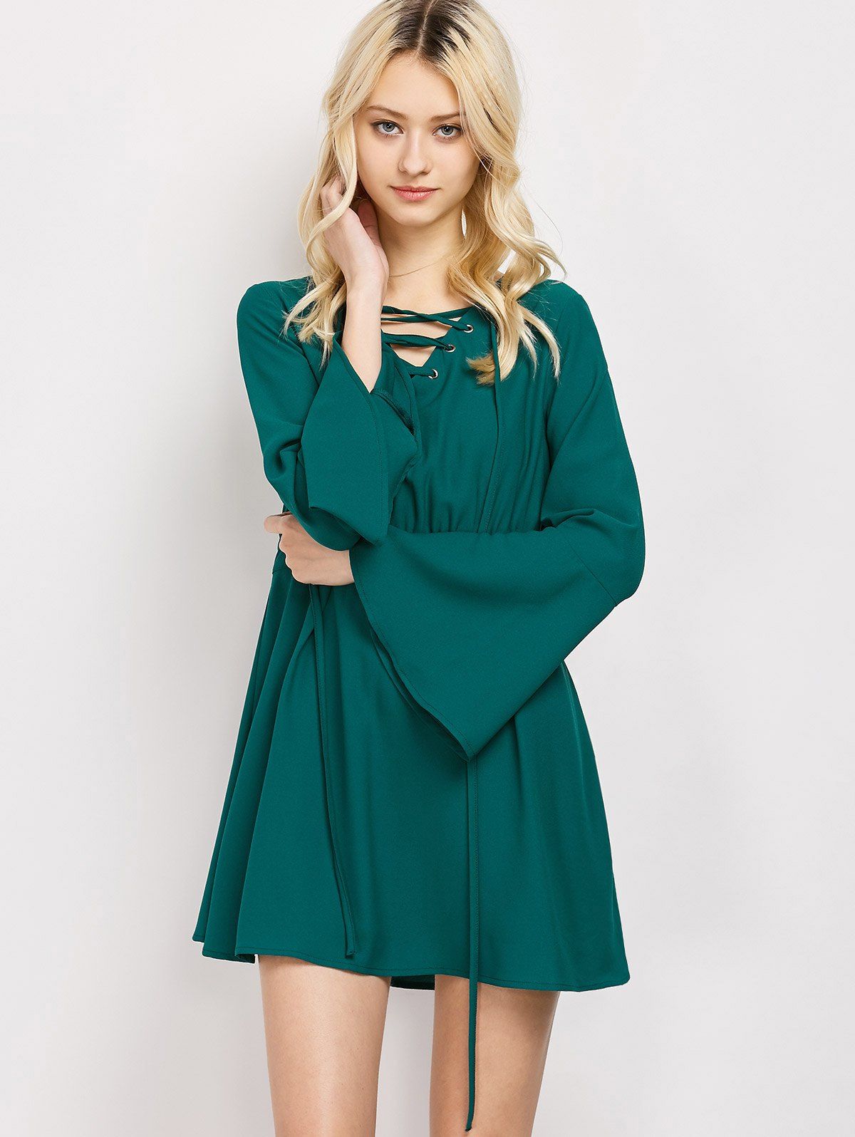 Lace Up Flare Sleeve Picot Trim Sweater