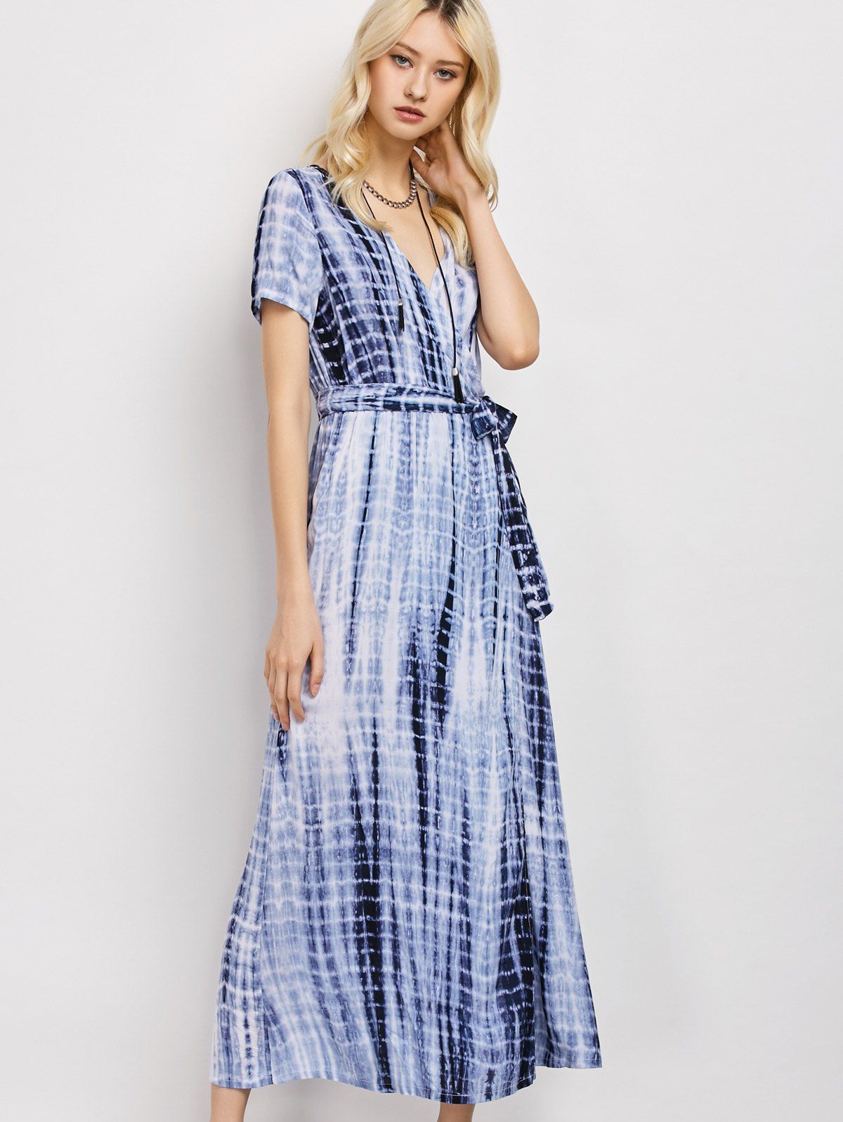 

Tie-Dyed Short Sleeve Wrap Maxi Dress, Deep blue