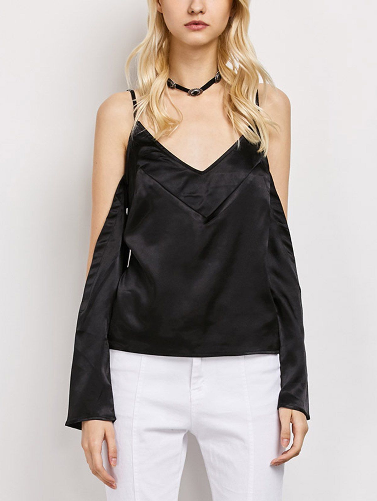 

Cold Shoulder Cami Satin Silk Top, Black