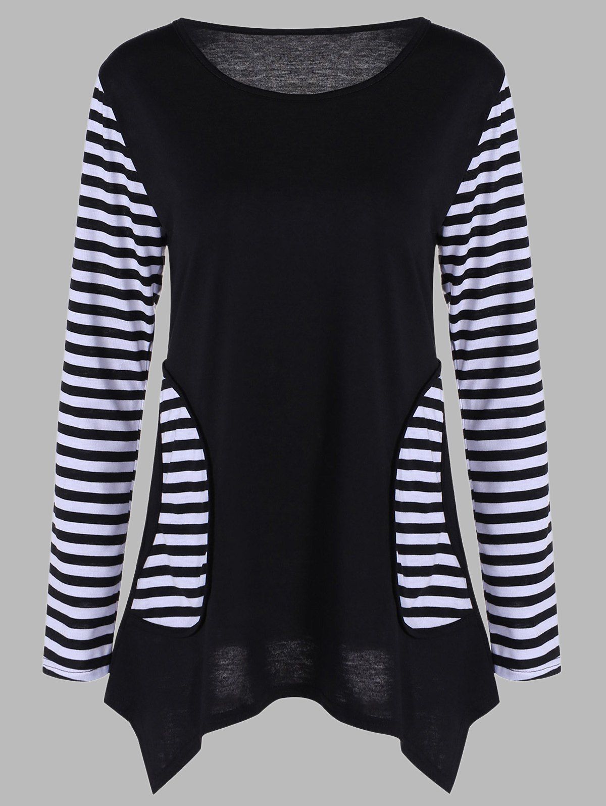 

Plus Size Striped Asymmetric Hem Tee, Black