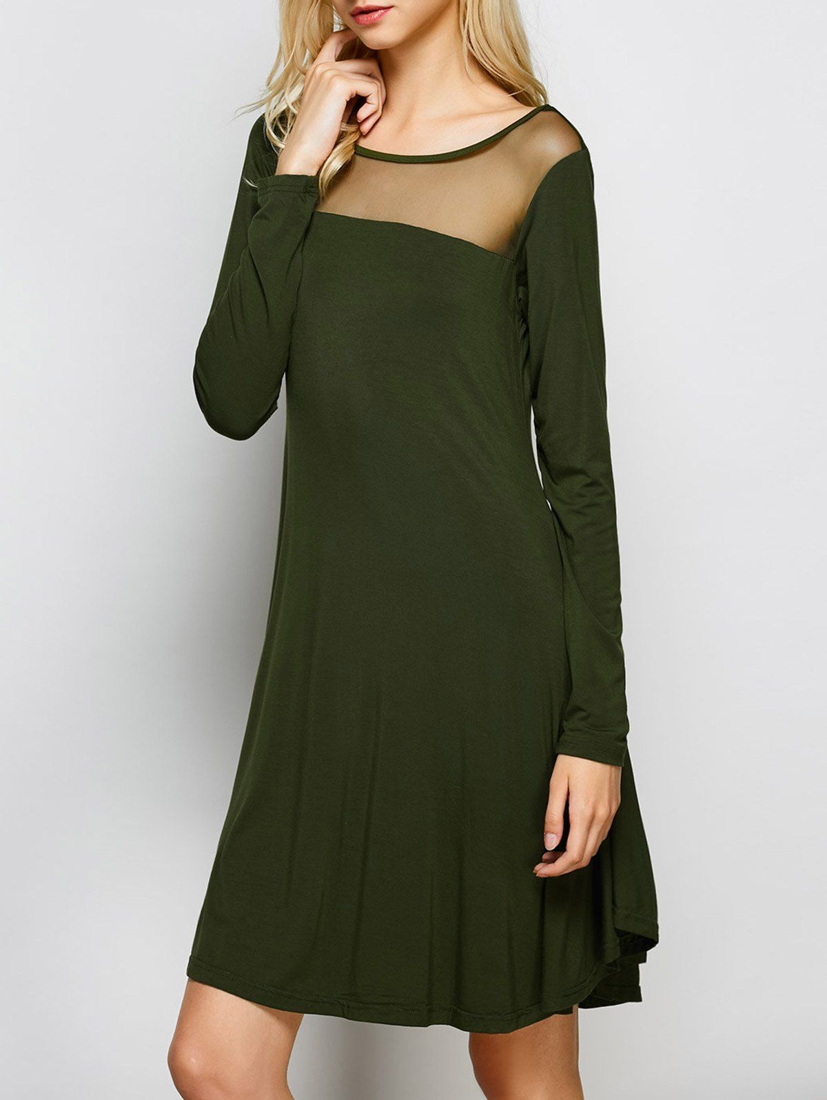 

Mesh Insert Long Sleeve Dress, Blackish green