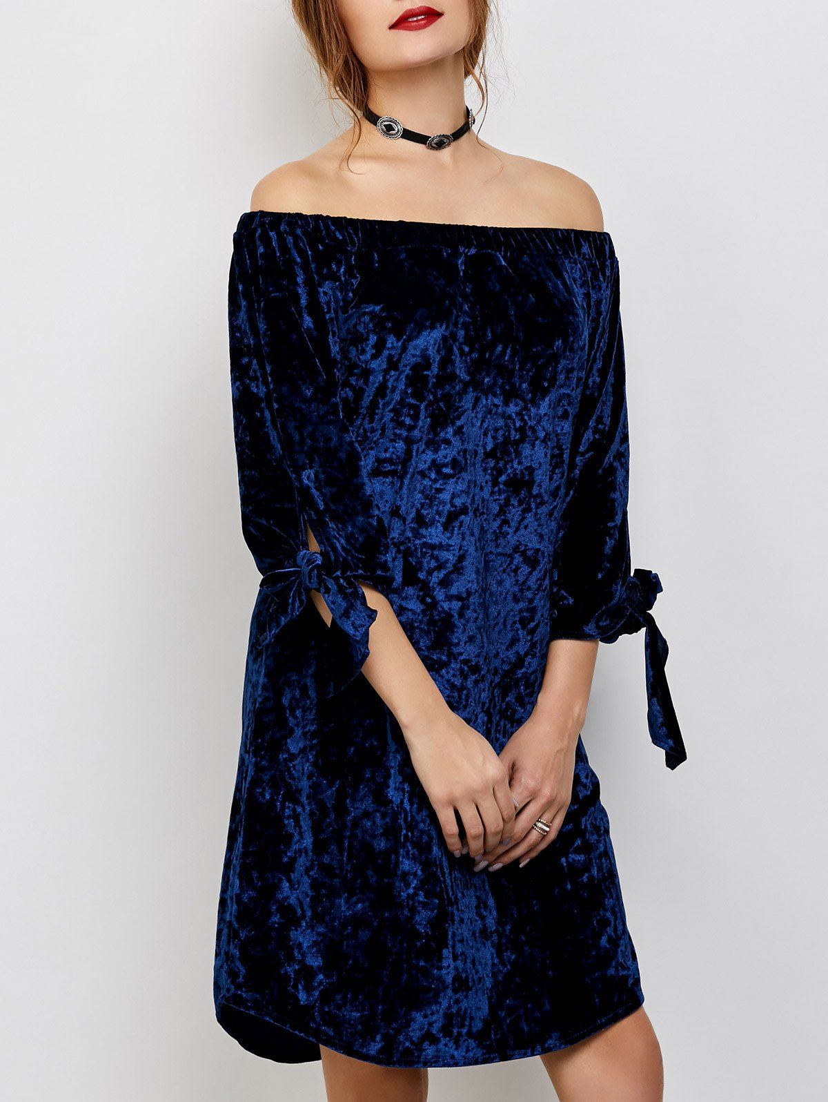 

Off The Shoulder Casual Pleuche Dress, Blue