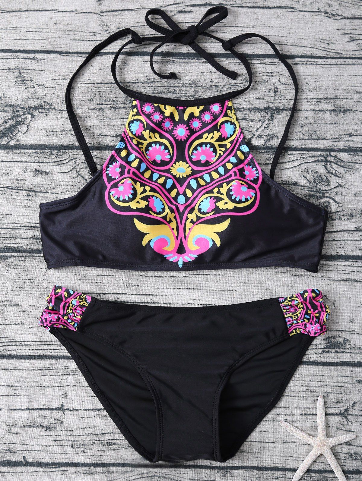 

Totem Print High Neck Bikini Set, Black
