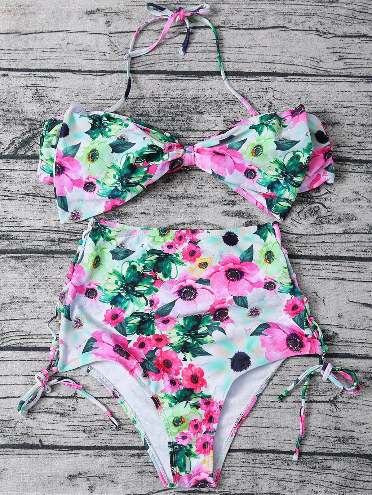 

Floral Print Bowknot Halter Top Bikini Swimwear