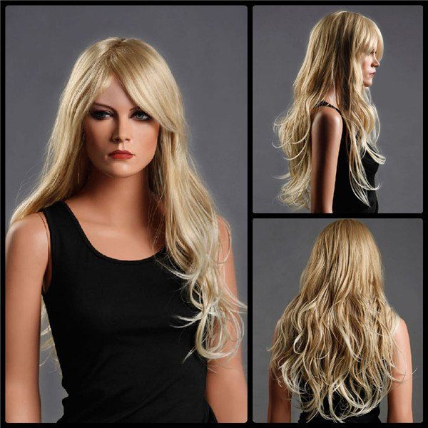 

Long Fluffy Side Bang Wavy Colormix Synthetic Wig, Dark gold