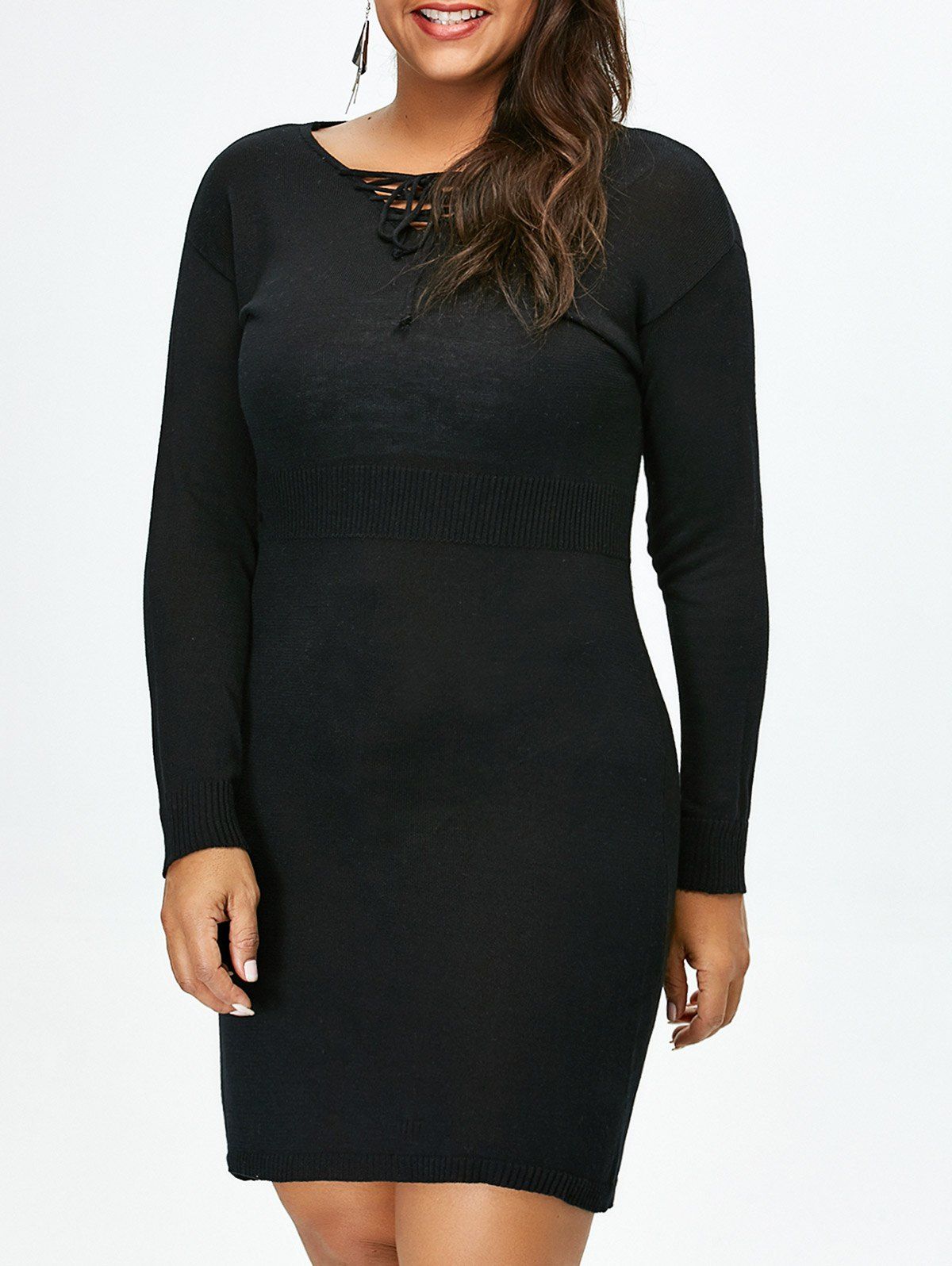 

Plus Size Lace Up Fitted Jumper Dress, Black