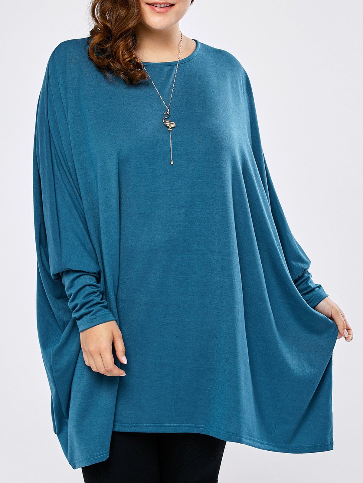 

Plus Size Batwing Asymmetric Long Sleeve Tee, Blue green