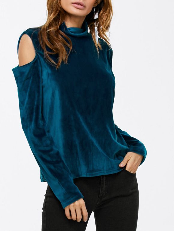 T-shirt col montant en velours épaule froide - Paon Bleu S