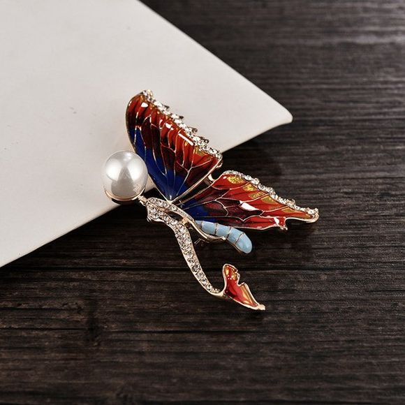 Broche en forme de papillon ornée de strass et perles artificielles - d'or 