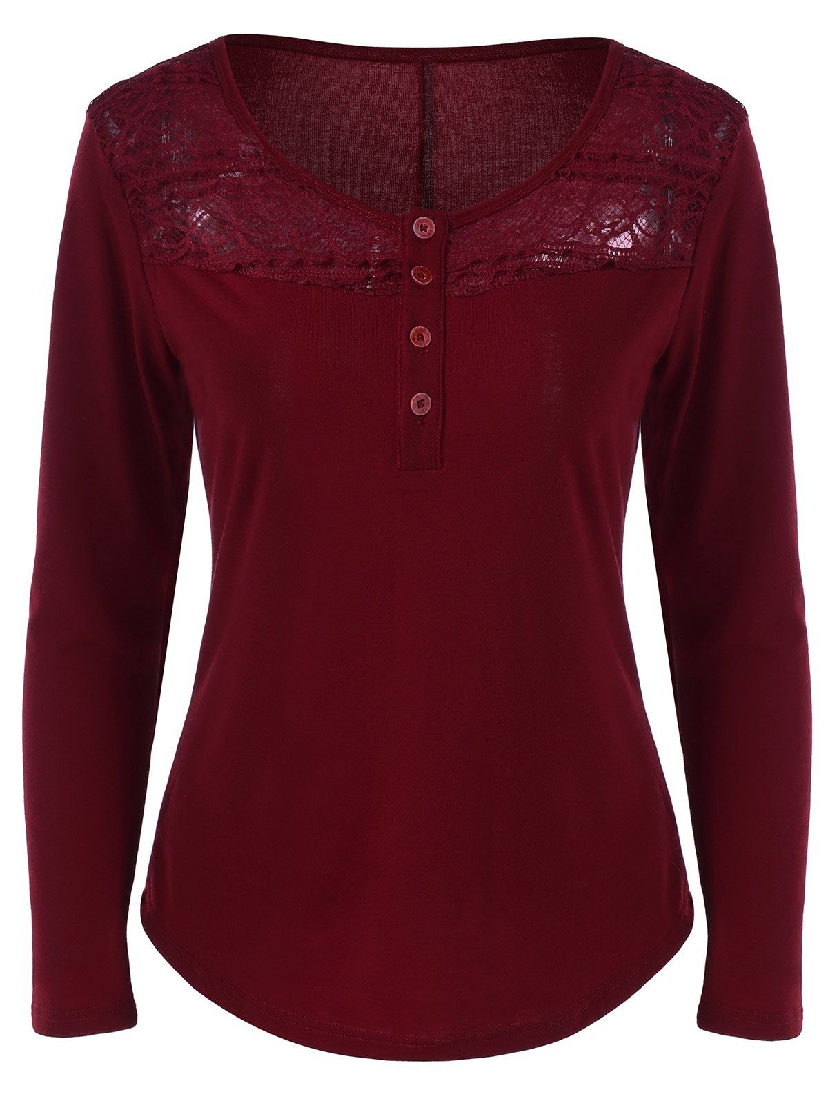 [41% OFF] 2021 Lace Panel Half Button T-Shirt In DEEP RED | DressLily