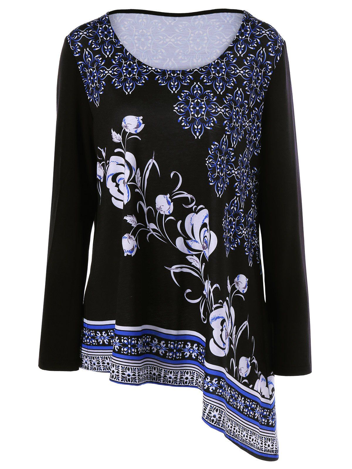 

Plus Size Floral Asymmetrical T-Shirt, Black