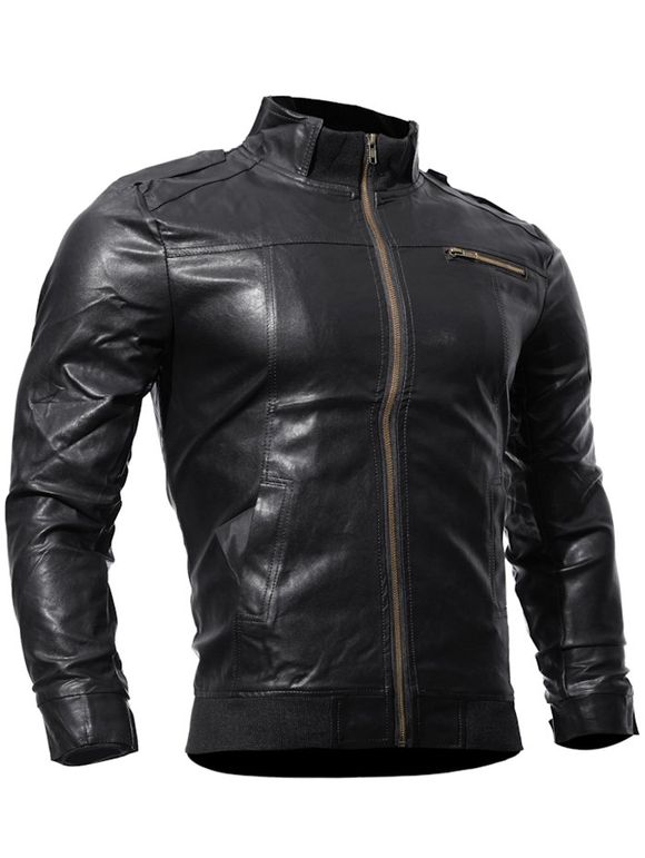 Veste de motard en faux cuir zippé solide - Noir L