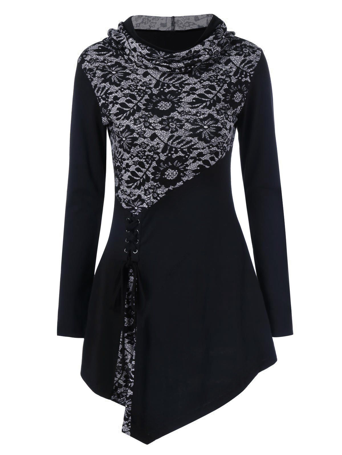

Lace-Up Asymmetrical Long Sleeve Hooded T-Shirt, Black
