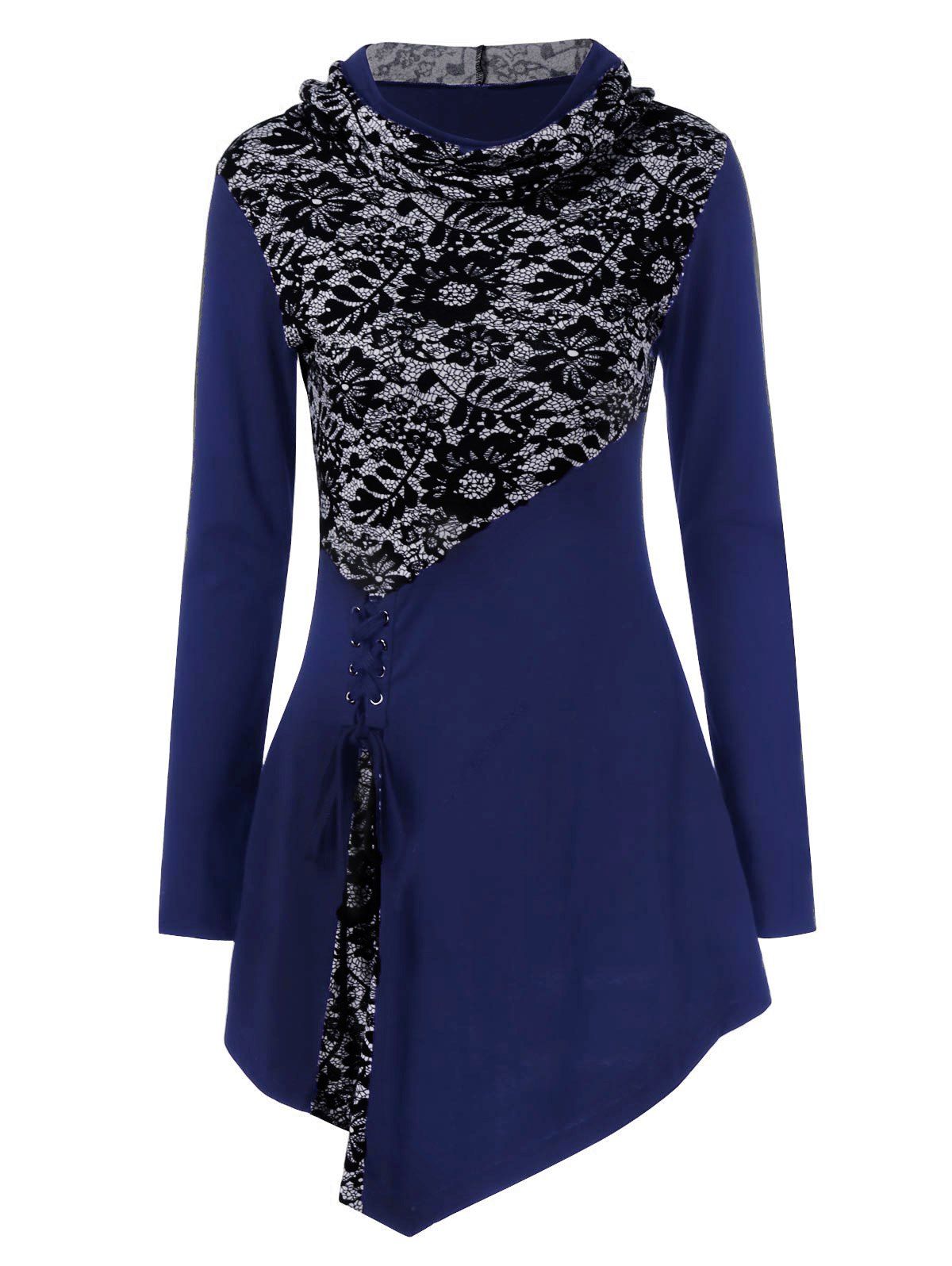 

Lace-Up Asymmetrical Long Sleeve Hooded T-Shirt, Blue