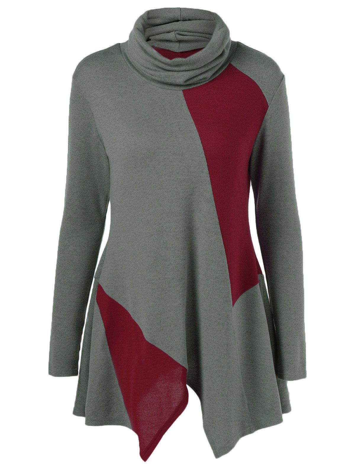 

Color Block Asymmetric Turtleneck T-Shirt, Gray and red