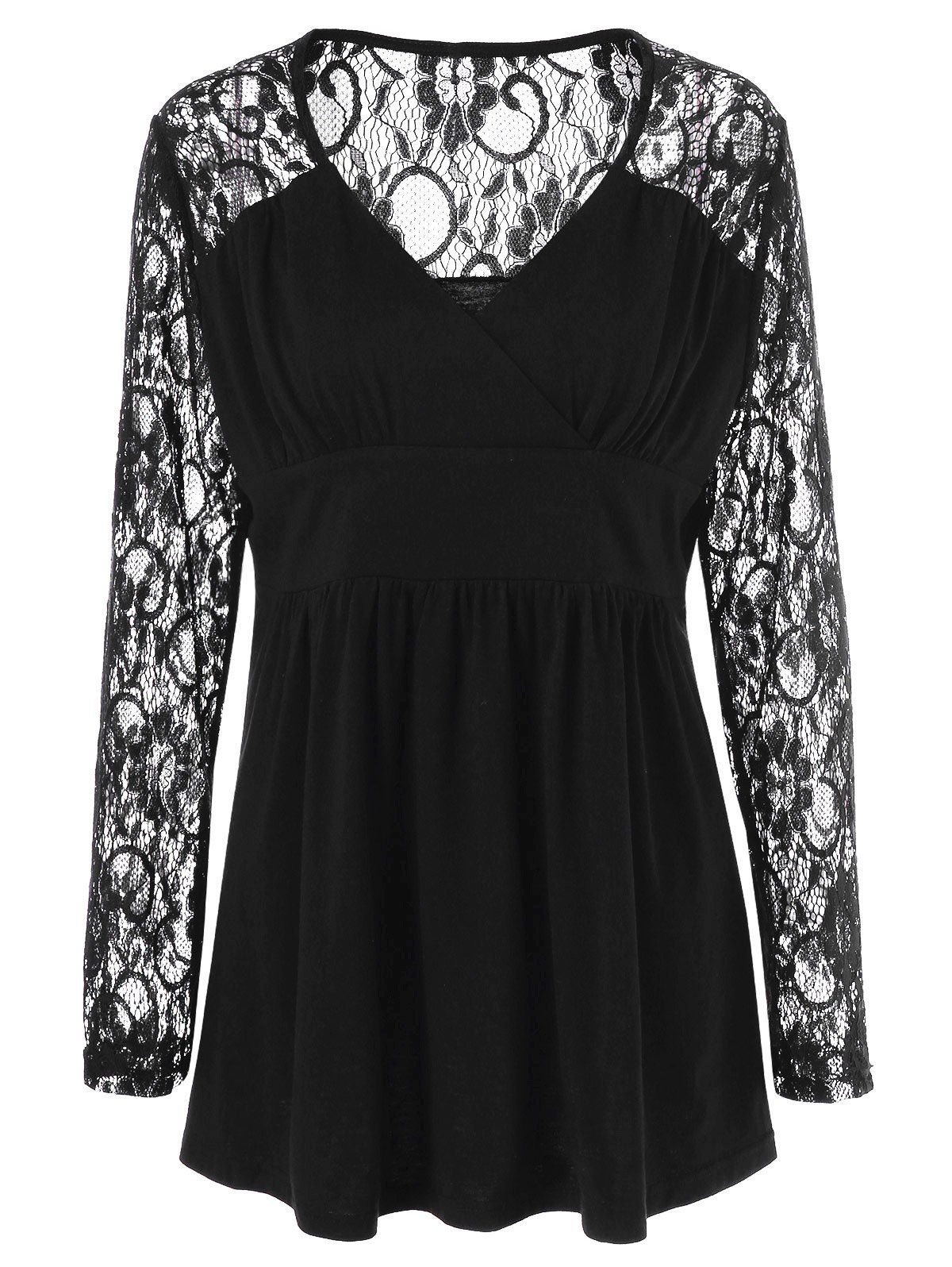 [41% OFF] 2021 Plus Size Lace Panel Sheer Ruched T-Shirt In BLACK ...