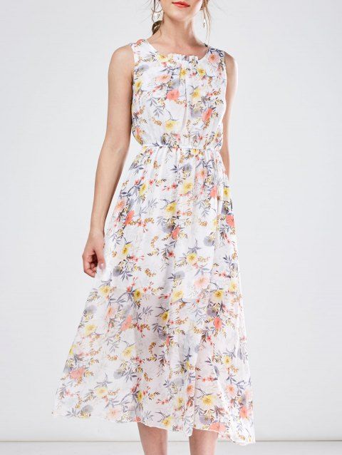 Sleeveless Chiffon Floral Tea Length Beach Dress