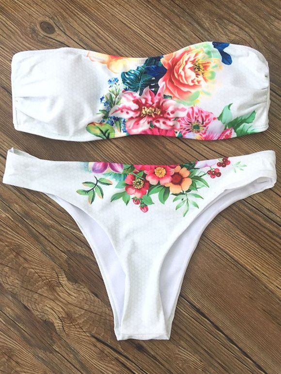 Floral Bandeau Bikini Set - WHITE M