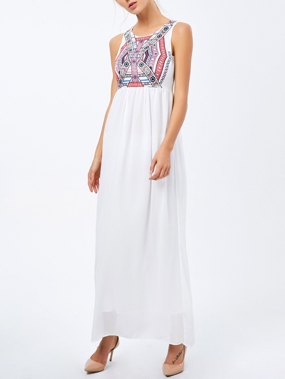 

Geometric Print Maxi High Waist Dress, White