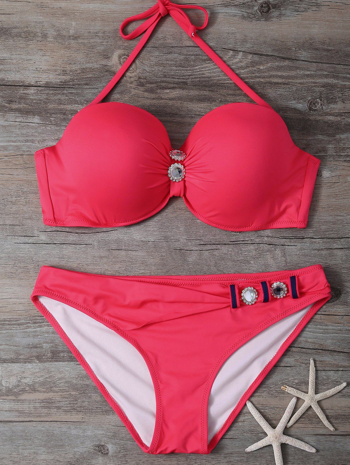 

Halter Rhinestone Bikini Set, Red