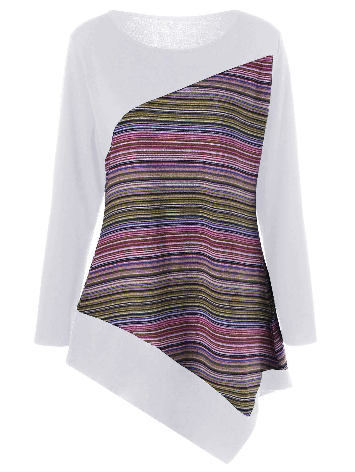 

Long Sleeve Colorful Striped Asymmetric Tunic T-Shirt, Snow white