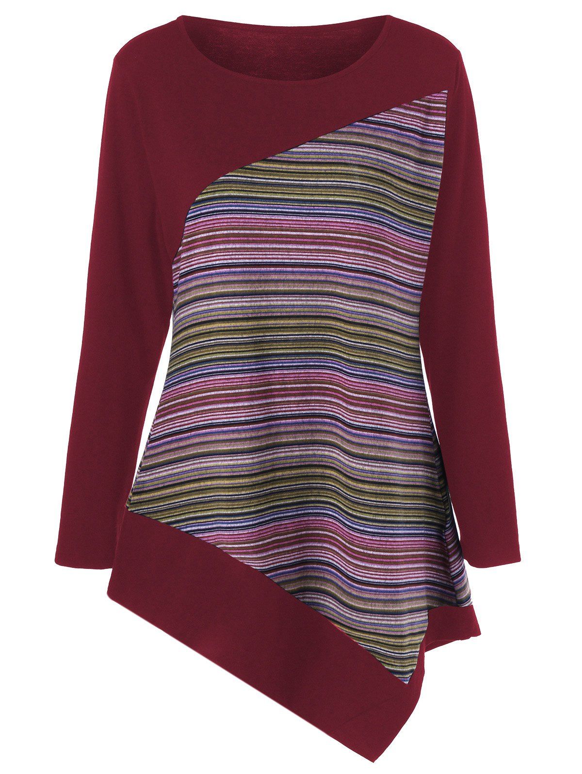 

Long Sleeve Colorful Striped Asymmetric Tunic T-Shirt, Deep red