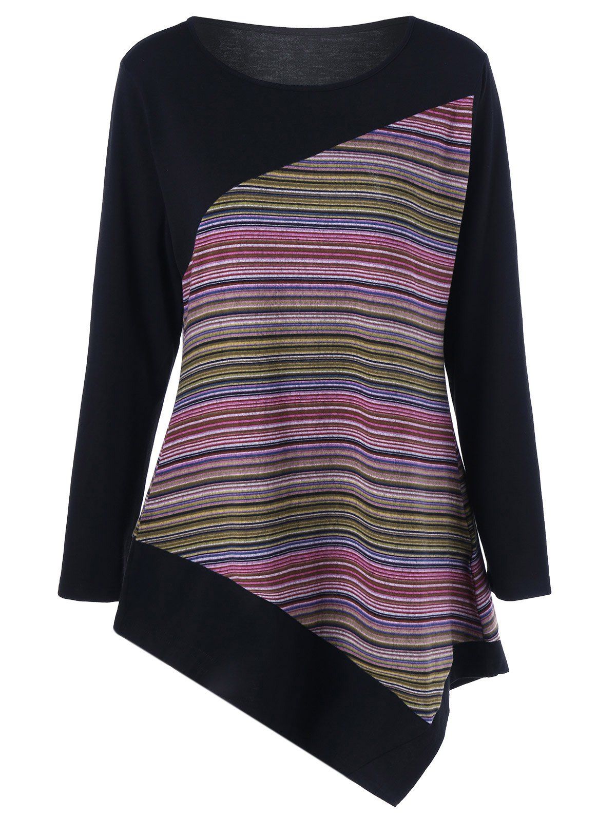 

Long Sleeve Colorful Striped Asymmetric Tunic T-Shirt, Pink