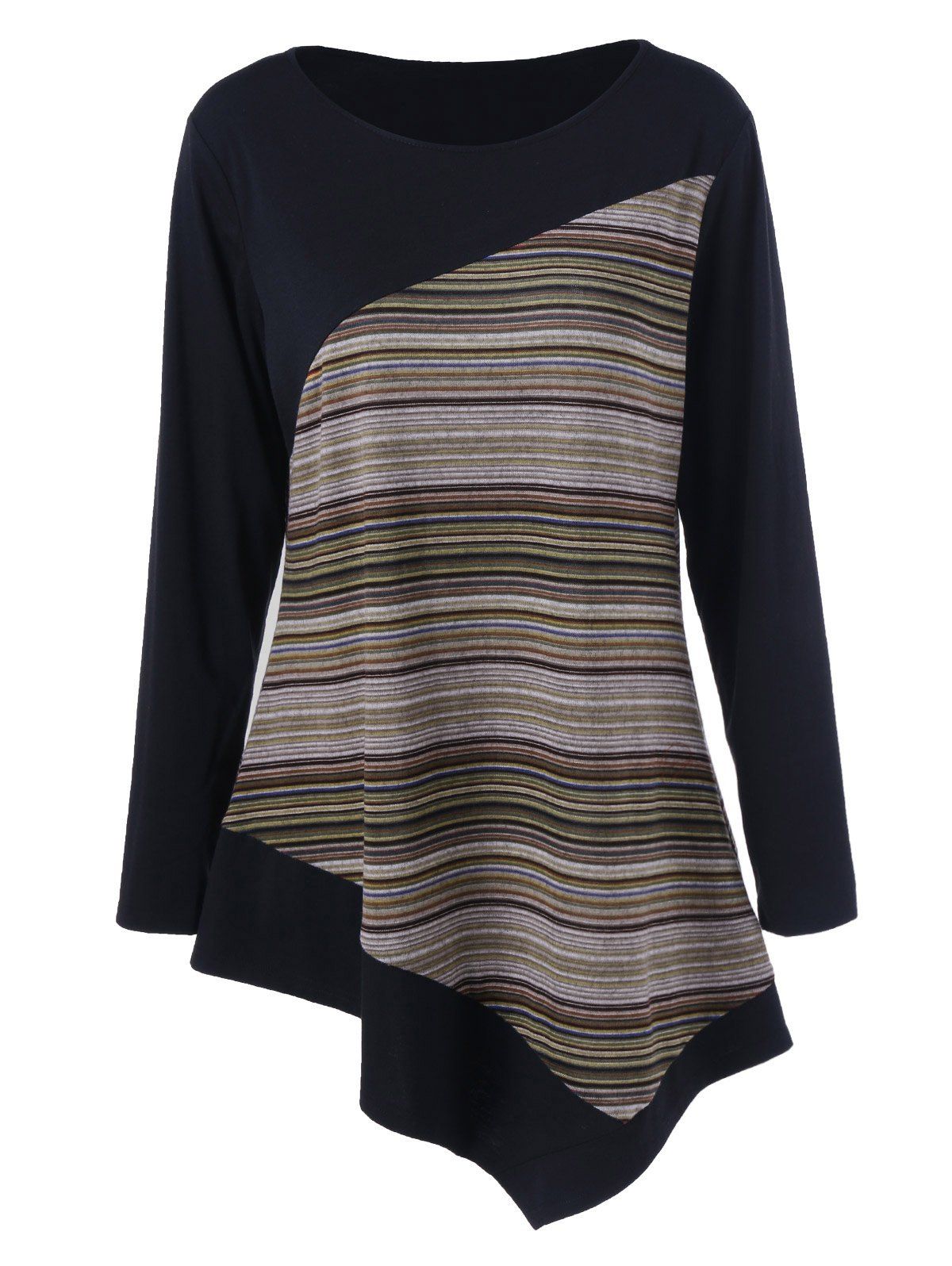 

Long Sleeve Colorful Striped Asymmetric Tunic T-Shirt, Ginger
