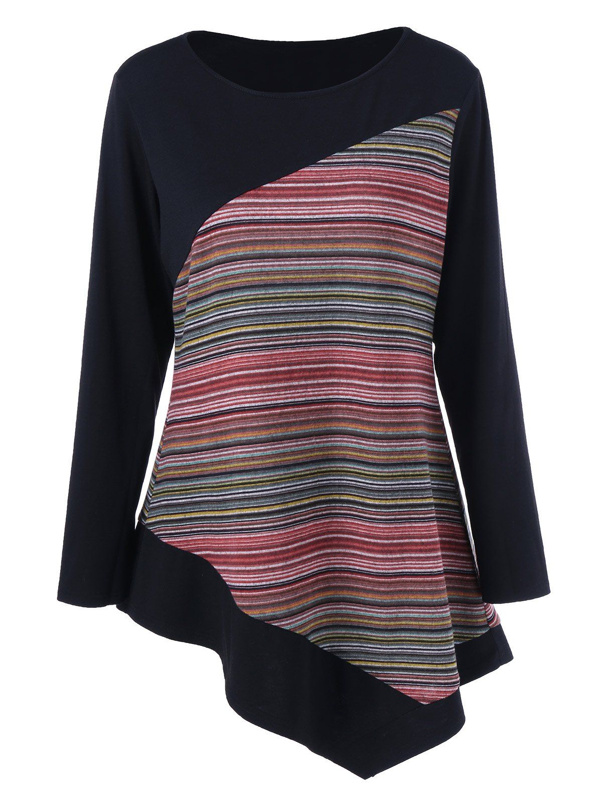 

Long Sleeve Colorful Striped Asymmetric Tunic T-Shirt, Watermelon red