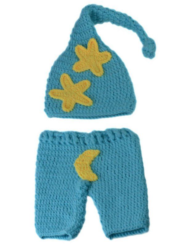 

Manual Crochet Star Moon Pattern Infant Photography Clothes Set, Lake blue