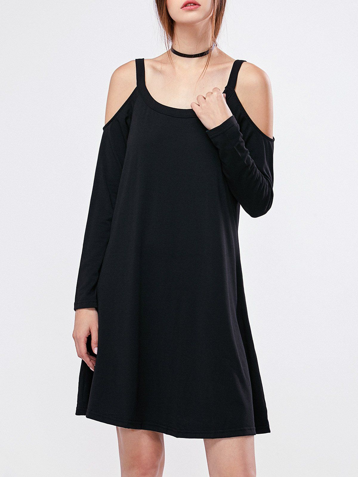 

Cold Shoulder Mini Casual Long Sleeve Swing Dress, Black