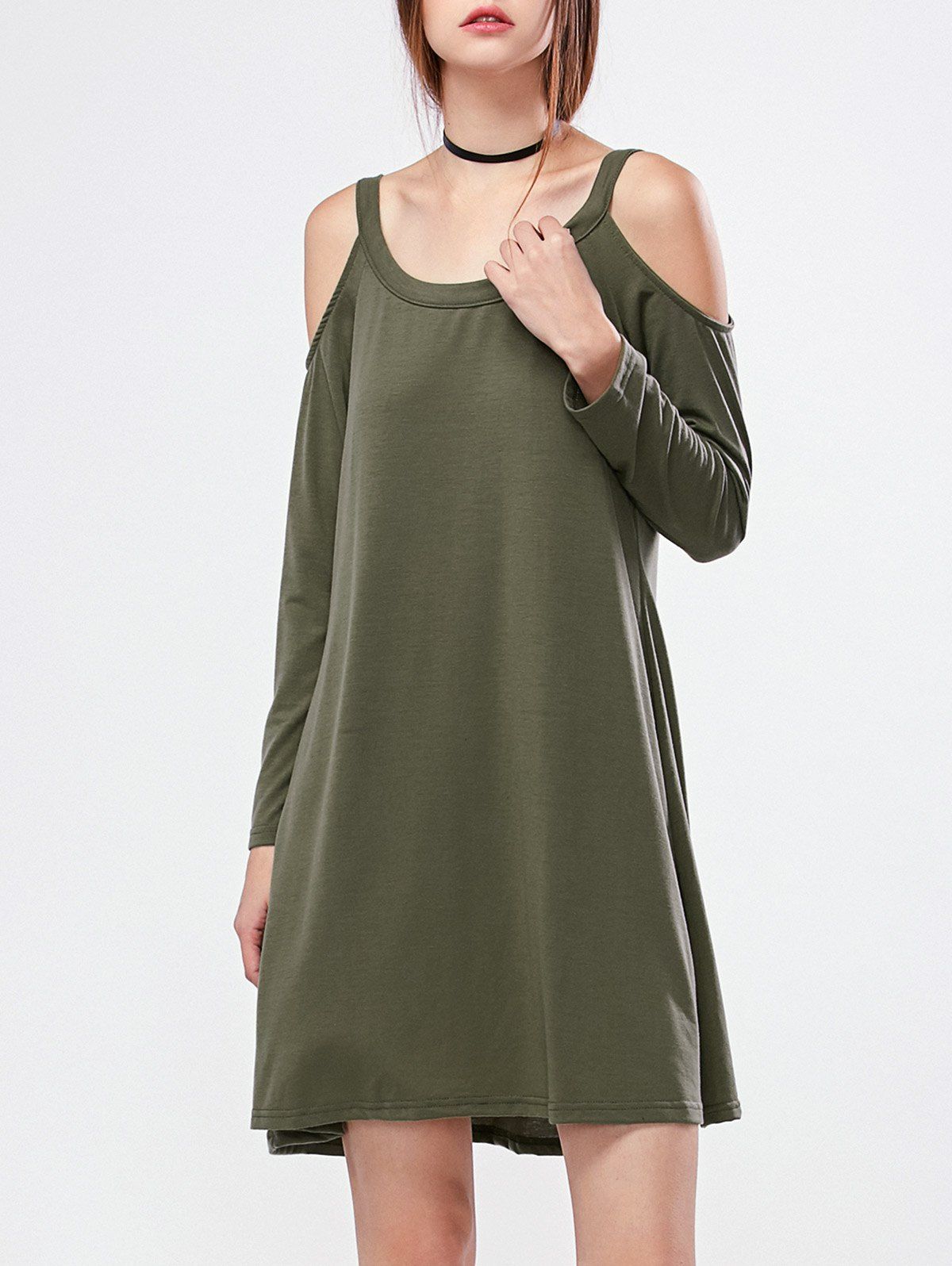 

Cold Shoulder Mini Casual Long Sleeve Swing Dress, Army green