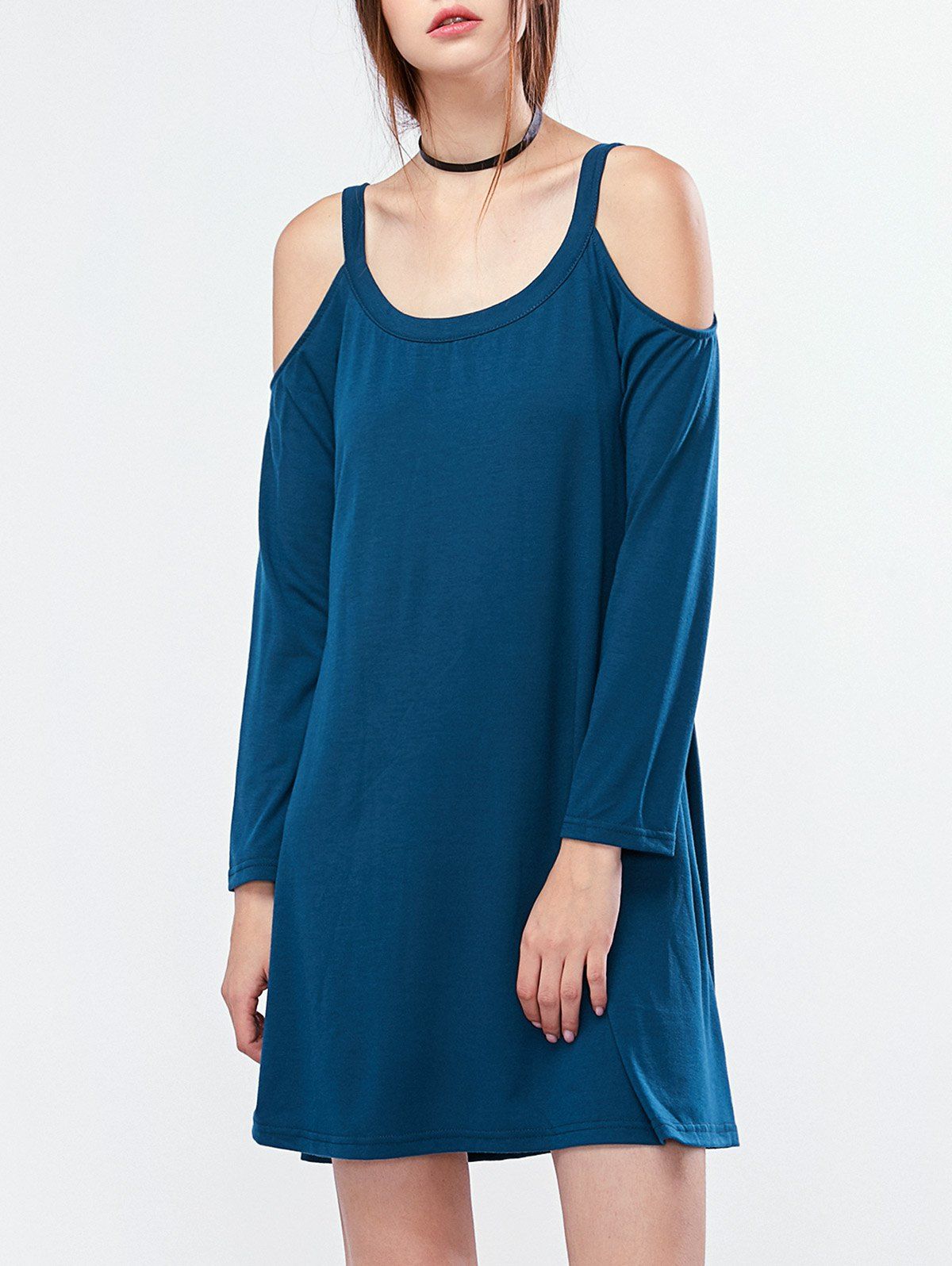 

Cold Shoulder Mini Casual Long Sleeve Swing Dress, Ocean blue