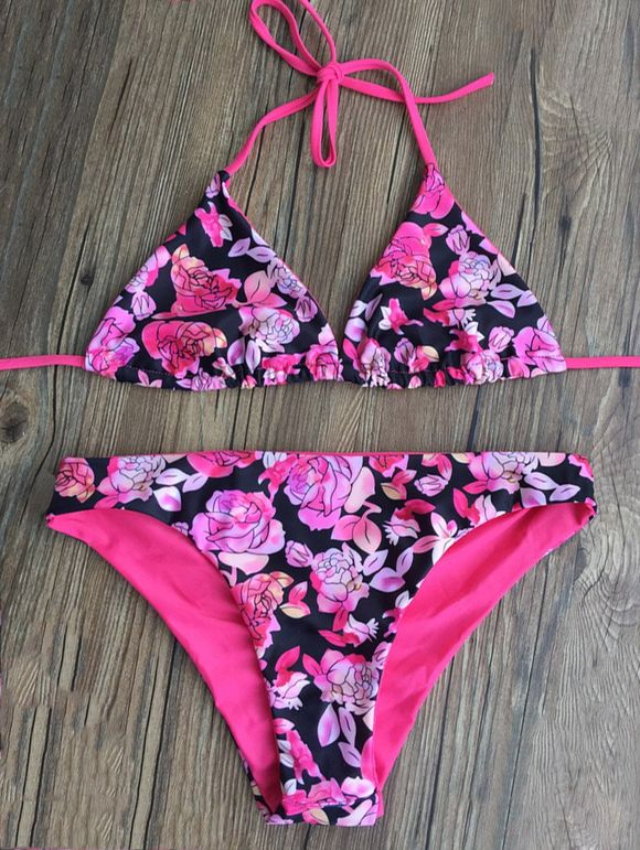 Bikini halter ruché imprimé fleur - Rouge Rose S