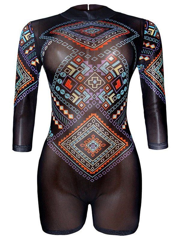 

Cut Out Mesh Print One Piece Swimwear, Black