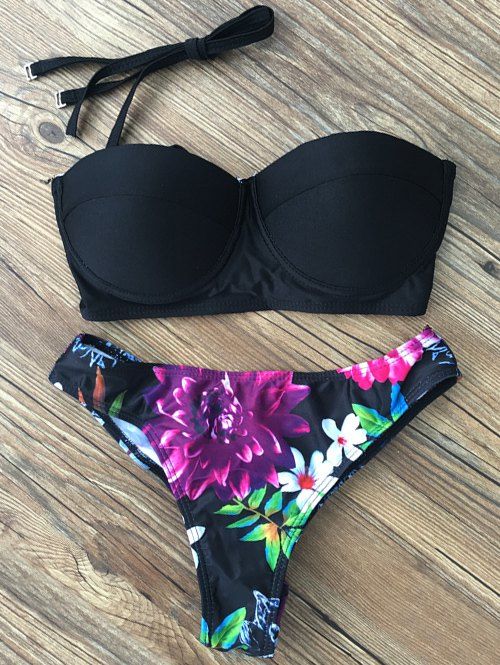 Bikini à bandeau à lacet haut imprimé de motif floral - Noir S