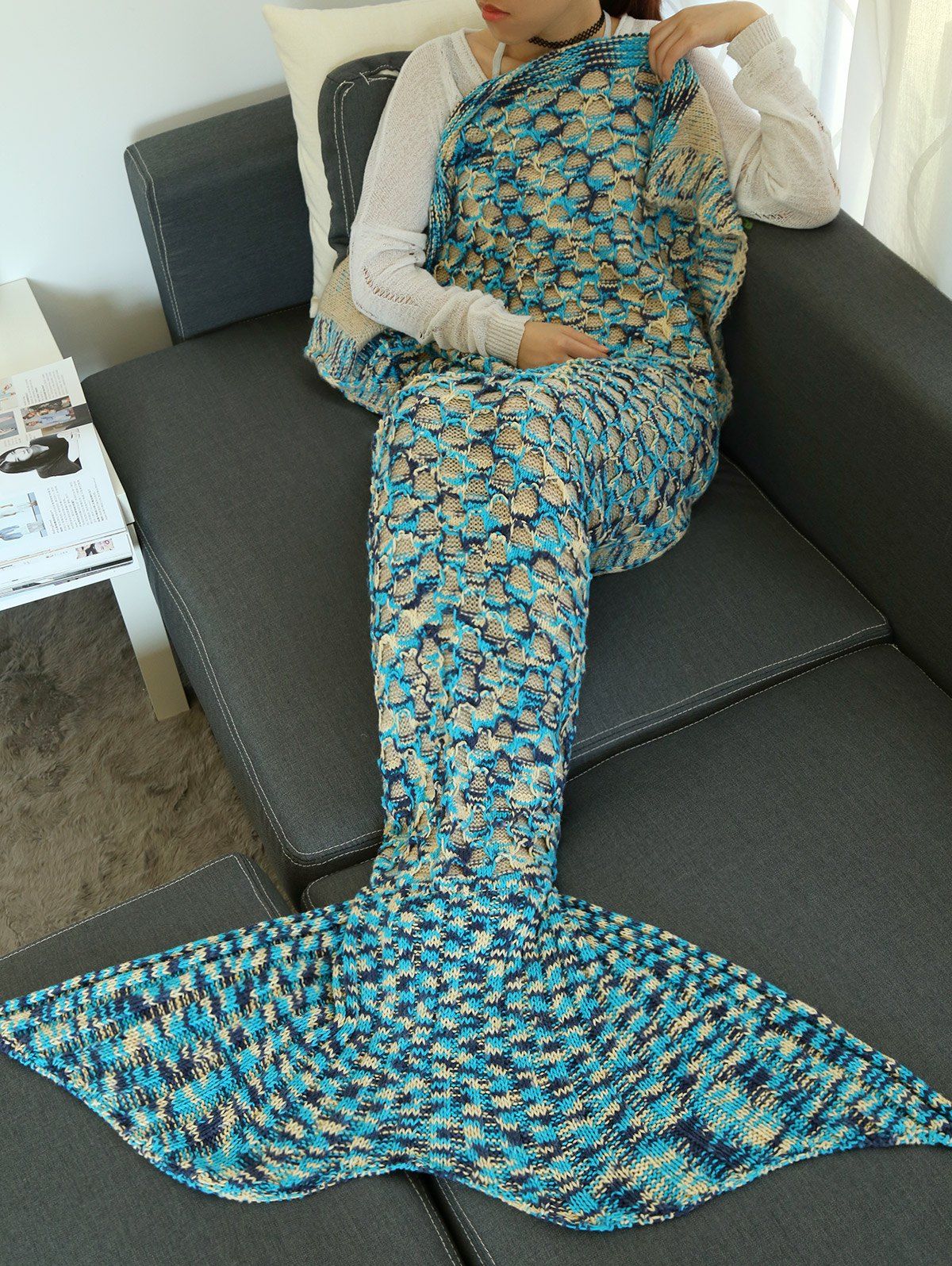 

Camouflage Crochet Knit Mermaid Blanket Throw, Lake blue