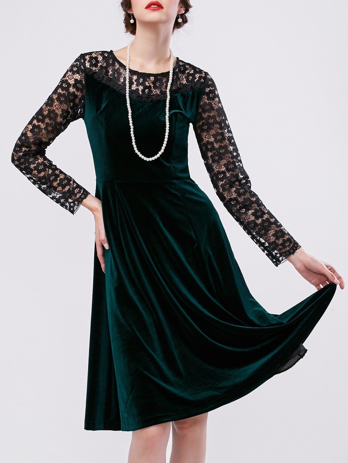 

Velvet Lace Sleeve A Line Cocktail Dress, Deep green