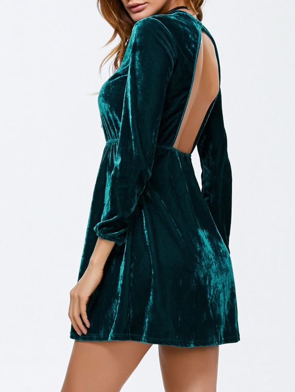 Backless Velvet Flare Dress - BLACKISH GREEN S