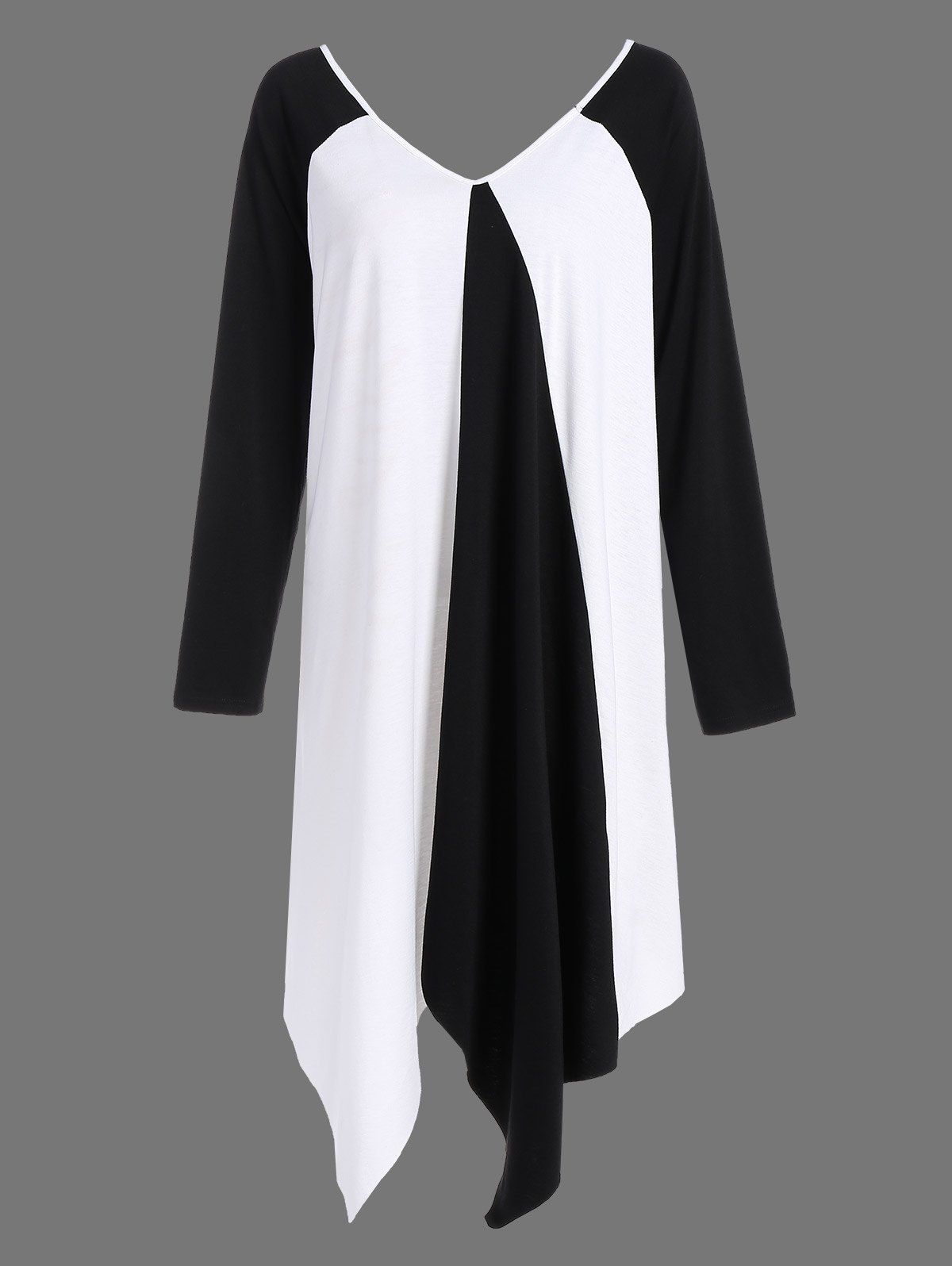

Plus Size V Neck Asymmetrical Two Tone T-Shirt, White and black