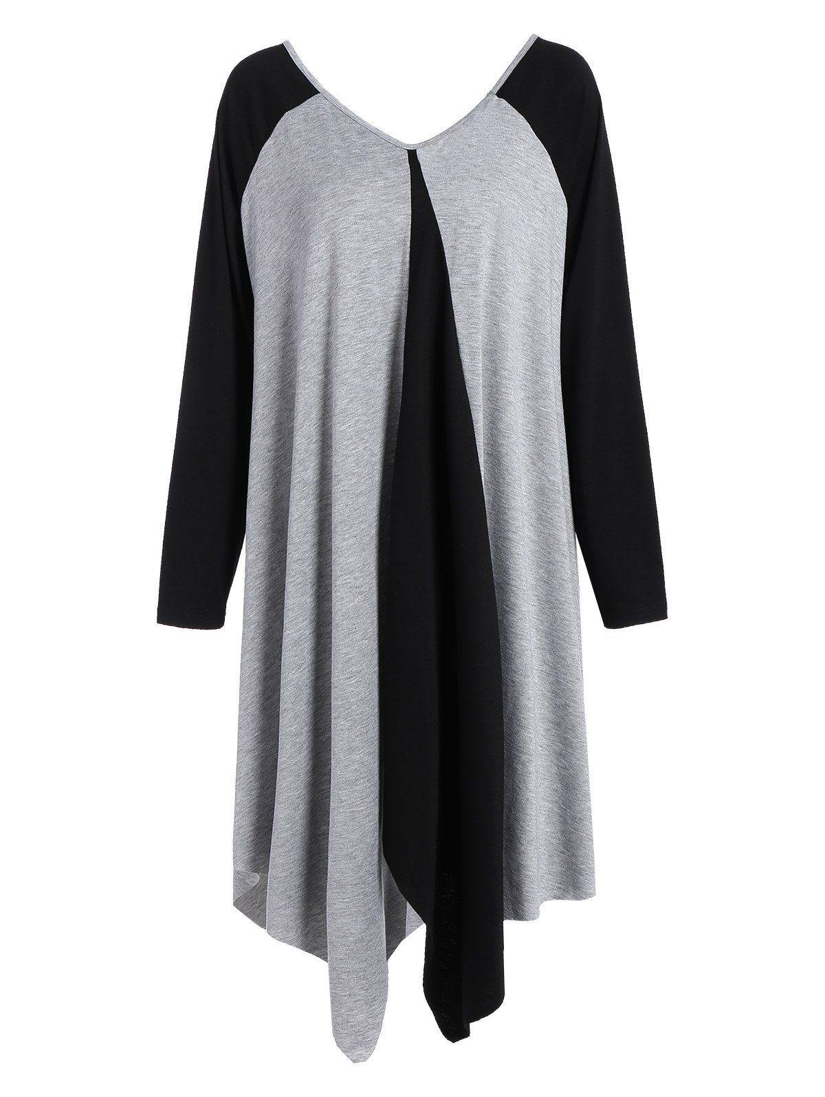 

Plus Size V Neck Asymmetrical Two Tone T-Shirt, Black and grey