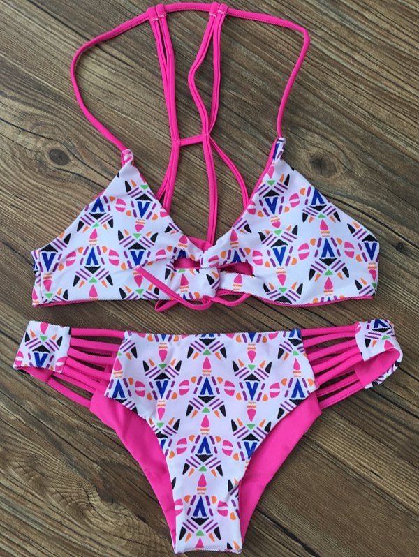 

Front Twist Graphic Strappy Bikini Set, White
