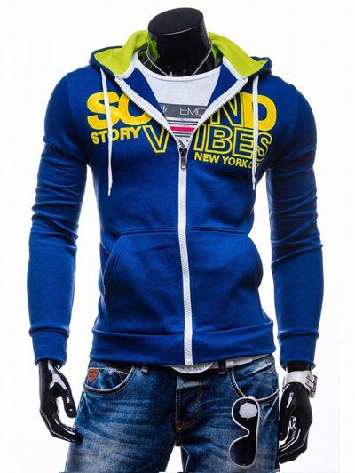 

Graphic Print Long Sleeve Hooded Zip-Up Hoodie, Sapphire blue