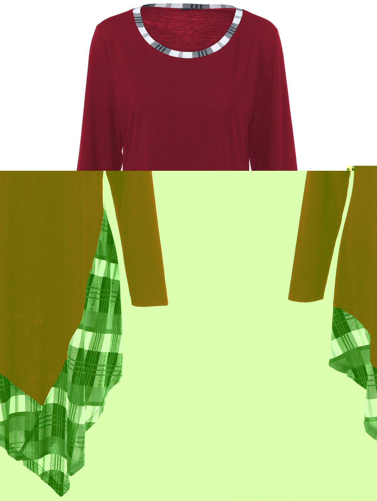 

Plus Size Plaid Trim Asymmetric T-Shirt, Deep red