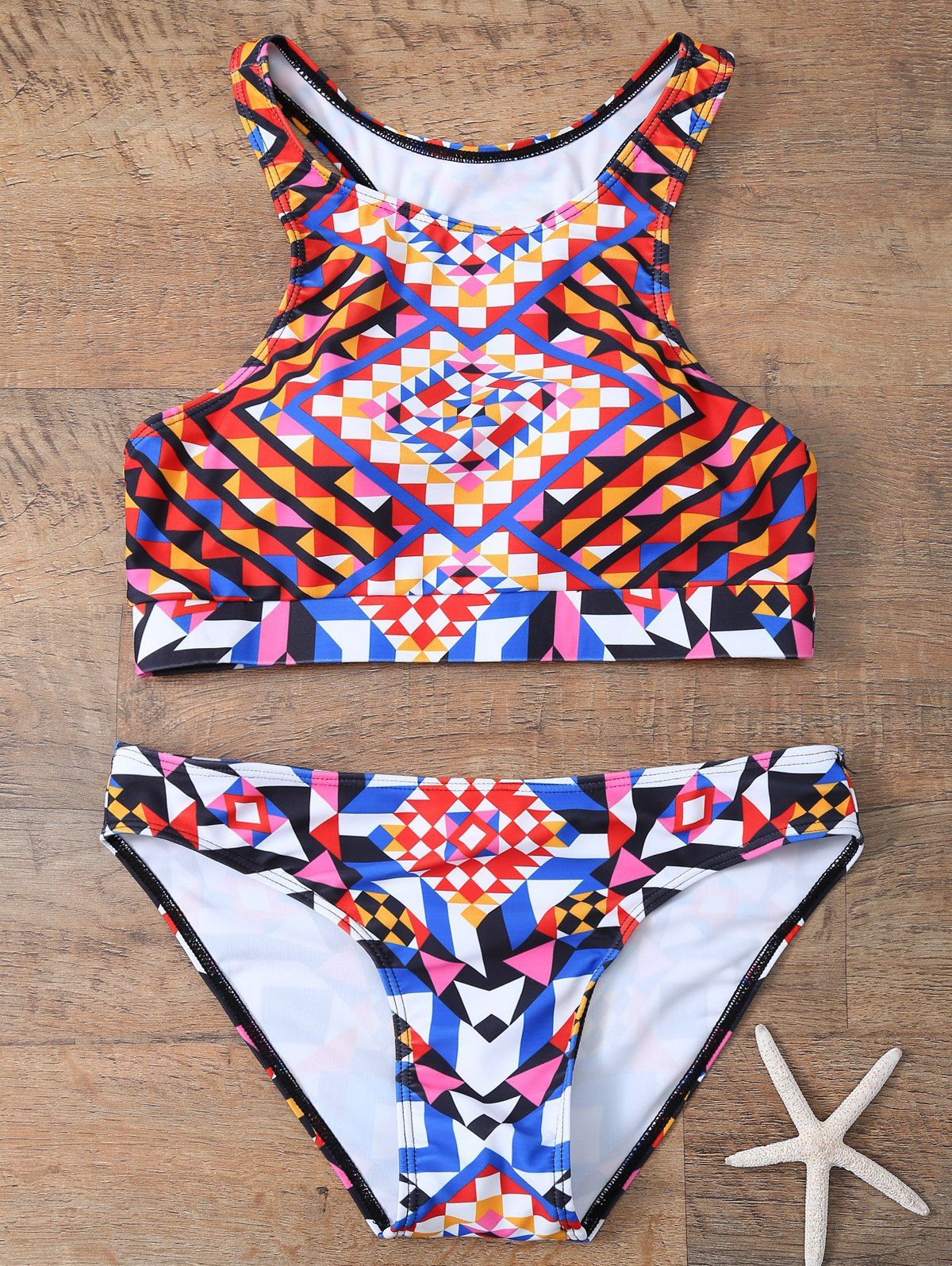 

Ethnic Style Geometric Print Bikini Set, Colormix