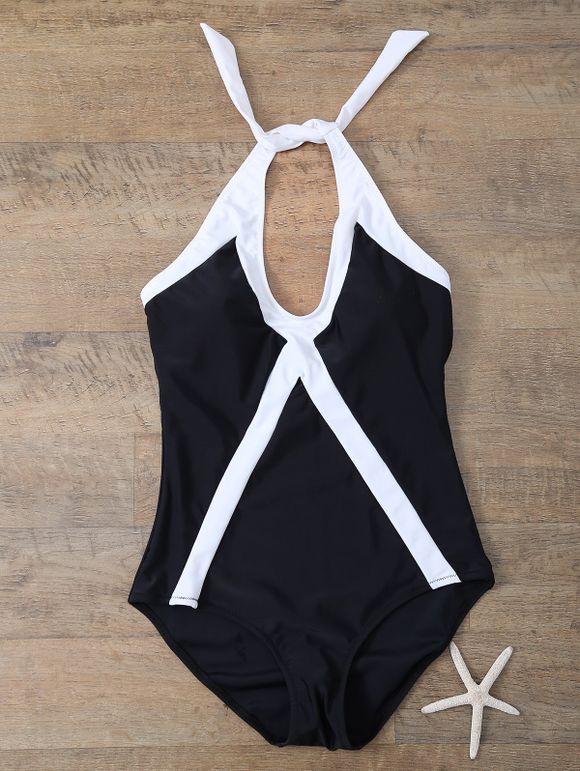 Halter Sports Color Block One-Piece Swimwear - WHITE/BLACK M