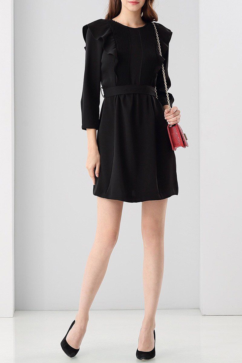 

Ruffles Ruched Self-Tie Mini Dress, Black
