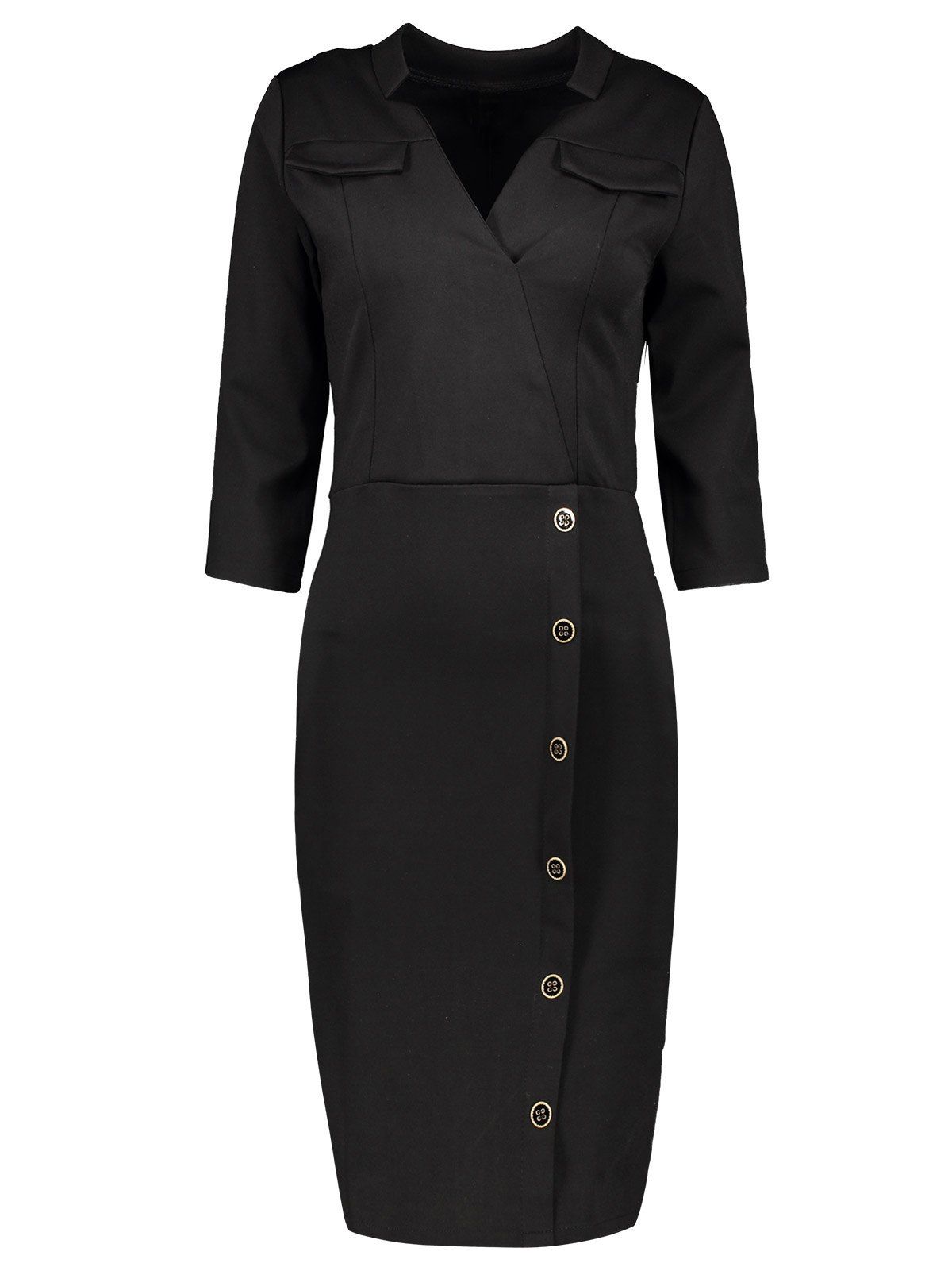 

V Neck Button Sheath Dress, Black